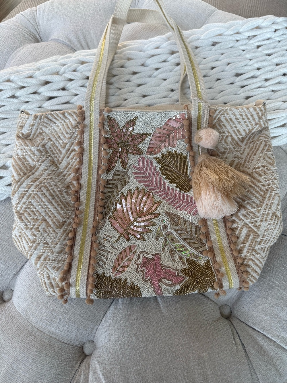 Beaded Floral Embroidered Beige & Pink Tote Bag with Tassel